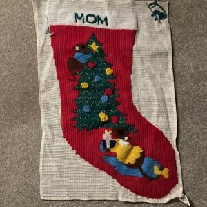 Vintage Christmas Needlepoint Unfinished Stocking Christmas Tree & Mice "MOM"